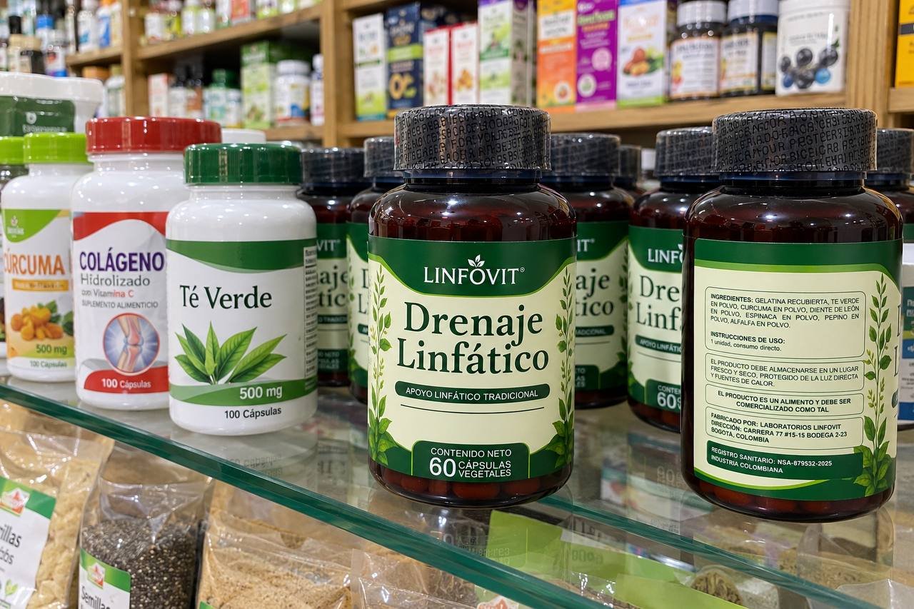 Frascos de Linfovit Drenaje Linfático exhibidos en una tienda naturista